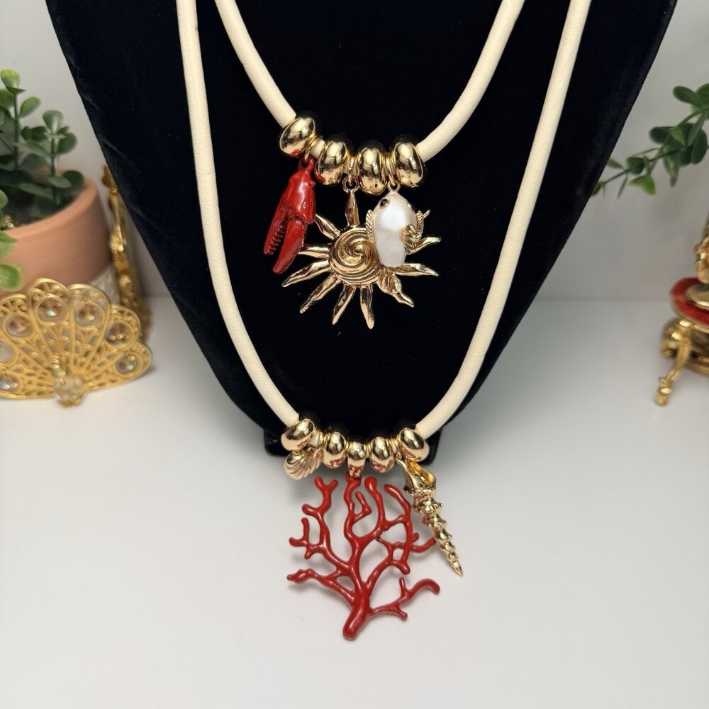 Zara Layered Necklace Gold White Coral Sea Charms Statement Nice Set